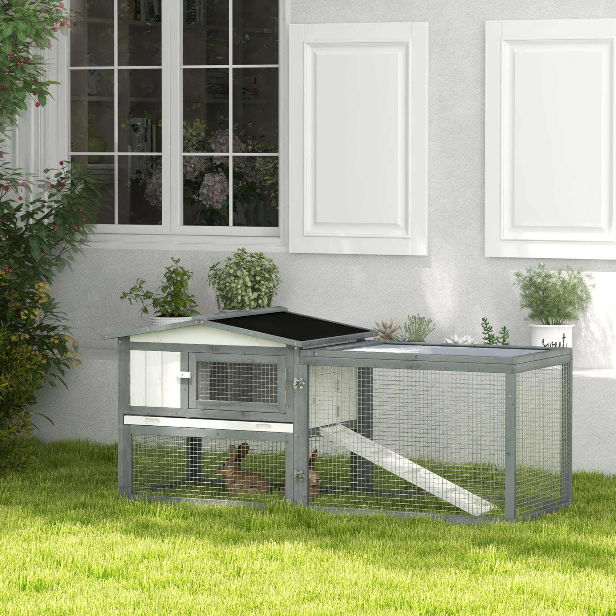 CoSoTower Large Rabbit Hutch Outdoor, 2-Tier 61" L Rabbit Cage with Run Feeding Trough Wooden Guinea Pig Hutch with Removable Tray, Ramp, Asphalt Roof, for 1-2 Rabbits, White