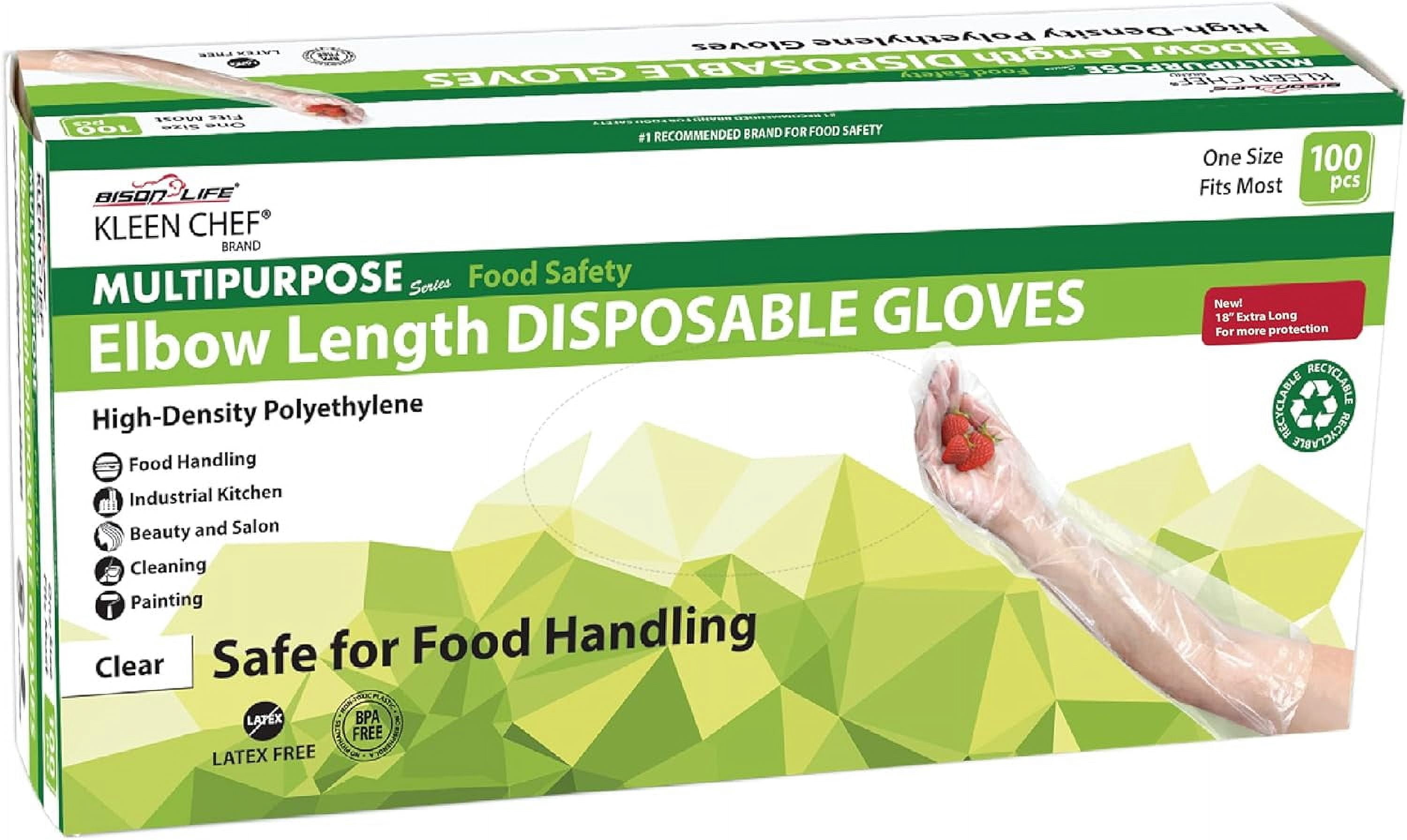 Kleen Chef Disposable 23" inch Elbow Length Poly Gloves for Cleaning & Food Handling - One Size, 100 per box (1 Box)