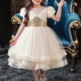 thumbnail image 4 of Spazoro Kids Girls Mesh Dresses, Fashion Round Neck Short Sleeve Solid Color Sequin Princess Dress for Child Girls Gold Size 9-10T, 4 of 9
