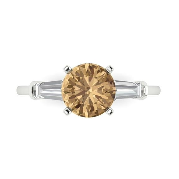 2 ct Round Cut Simulated Champagne Diamond 3 Stone 14K White Gold Womens Engagement Ring