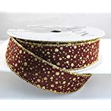 Gold Dot Wire - Wire Edged Pascal Burgundy with Gold Glitter Dots Christmas Ribbon 1 1/2