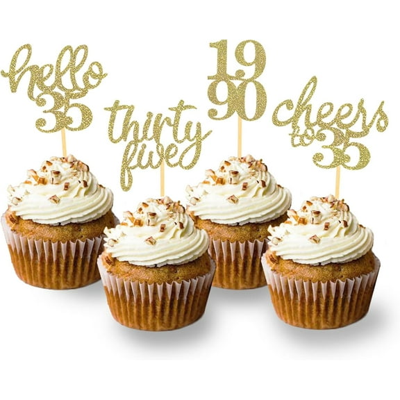 8pcs Glitter 35th Birthday Cupcake Toppers, Hello 35th Birthday Cake Topper- 35th Birthday Decorations for Celebrating Thirty-Five Years Old Birthday Party (Gold)