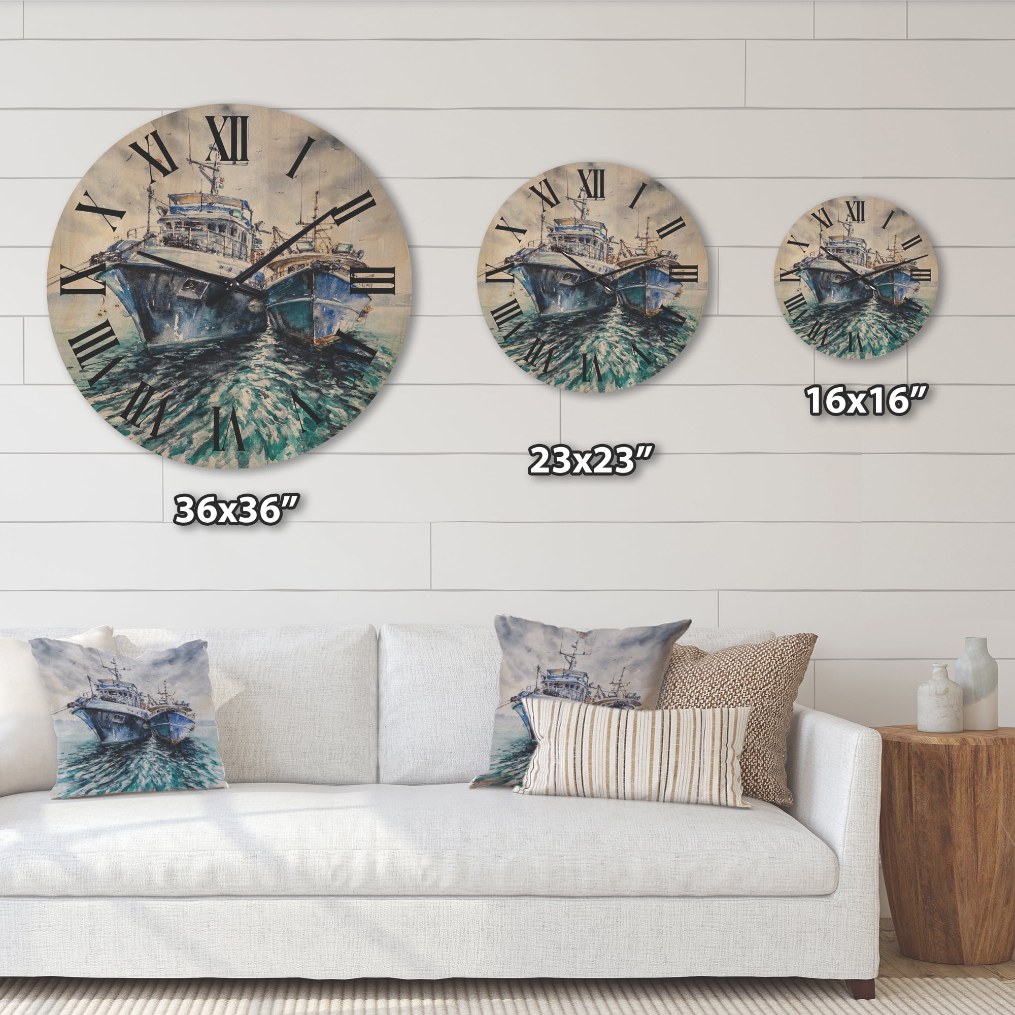 Designart 'Blue Fishing Boats Before A Storm Anchored' Nautical & Coastal Wood Wall Clock