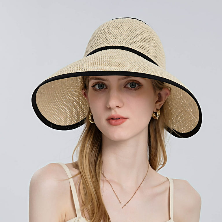 Eqwljwe Extra Wide Brim Sun Visor Packable Open Top Bucket Hats Women UV Protection Beach Strap Hat, Women's, Size: One size, Beige