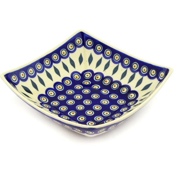 Polish Pottery 7¾-inch Square Bowl (Peacock Theme) Hand Painted in Boleslawiec, Poland + Certificate of Authenticity