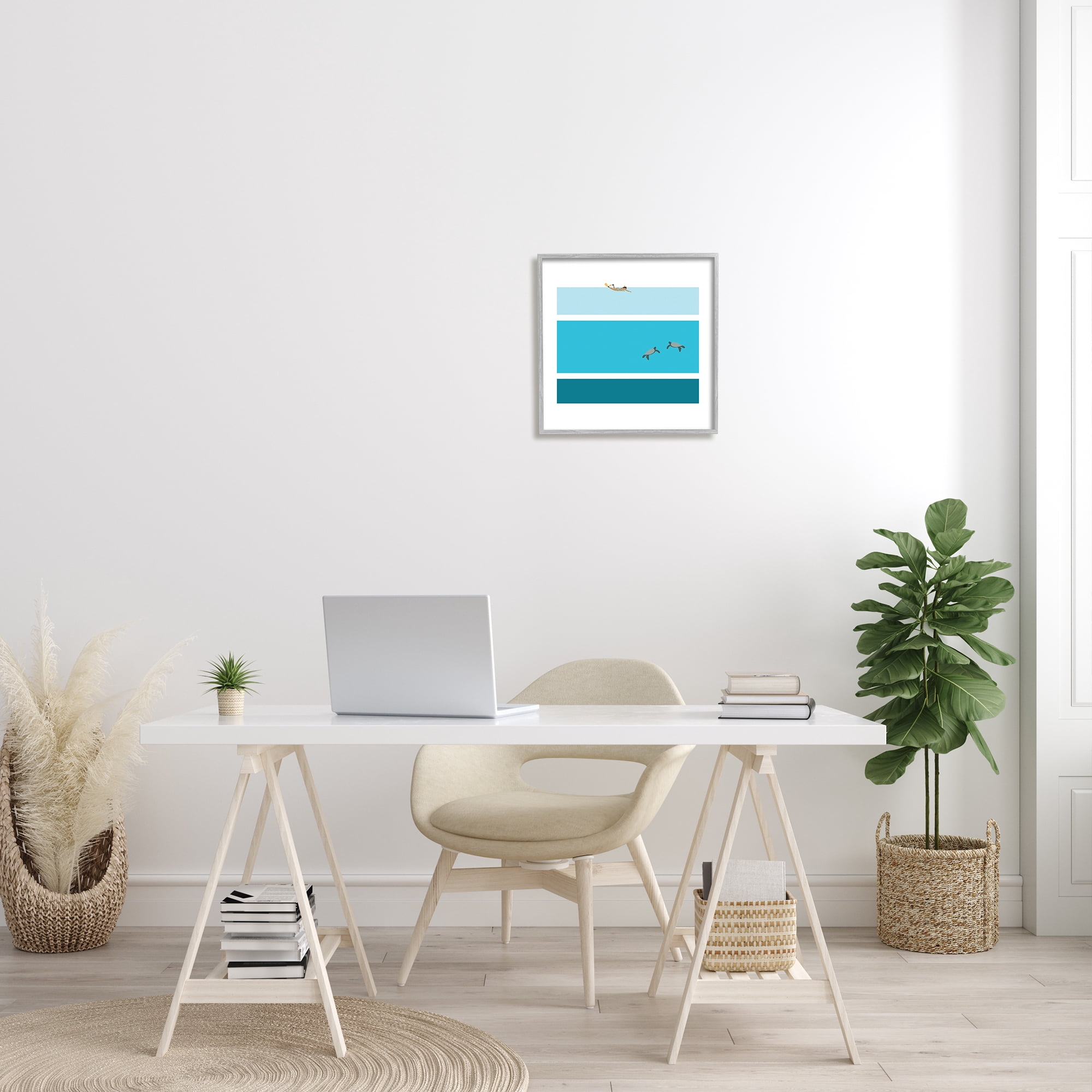 Sea Turtles Under Scuba Diver Geometric Blue Stripes Animals & Insects Framed Art Print Wall Art, 17x17