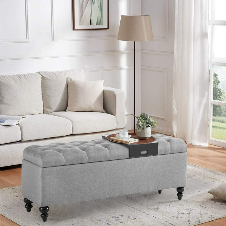 50.2 Storage Ottoman with Tray Large Storage Bench with Button Tufted Safety Hinge Ottoman in Upholstered Fabrics for Bedroom Living Room Gray Walmart