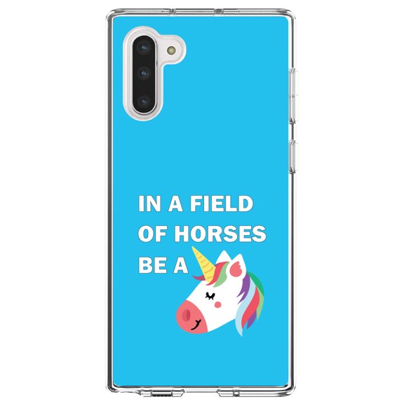 DistinctInk Clear Shockproof Hybrid Case for Samsung Galaxy Note 10 (6.3" Screen) - TPU Bumper, Acrylic Back, Tempered Glass Screen Protector - In a Field of Horses, Be a Unicorn - Blue
