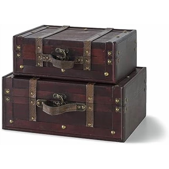Wooden Vintage Luggage Trunks - Set of 2, Decorative Antique Suitcase Boxes with Hinged Lids, Old Fashioned Chests for Home and Table Décor$$Home Decor, Kitchen, & Other