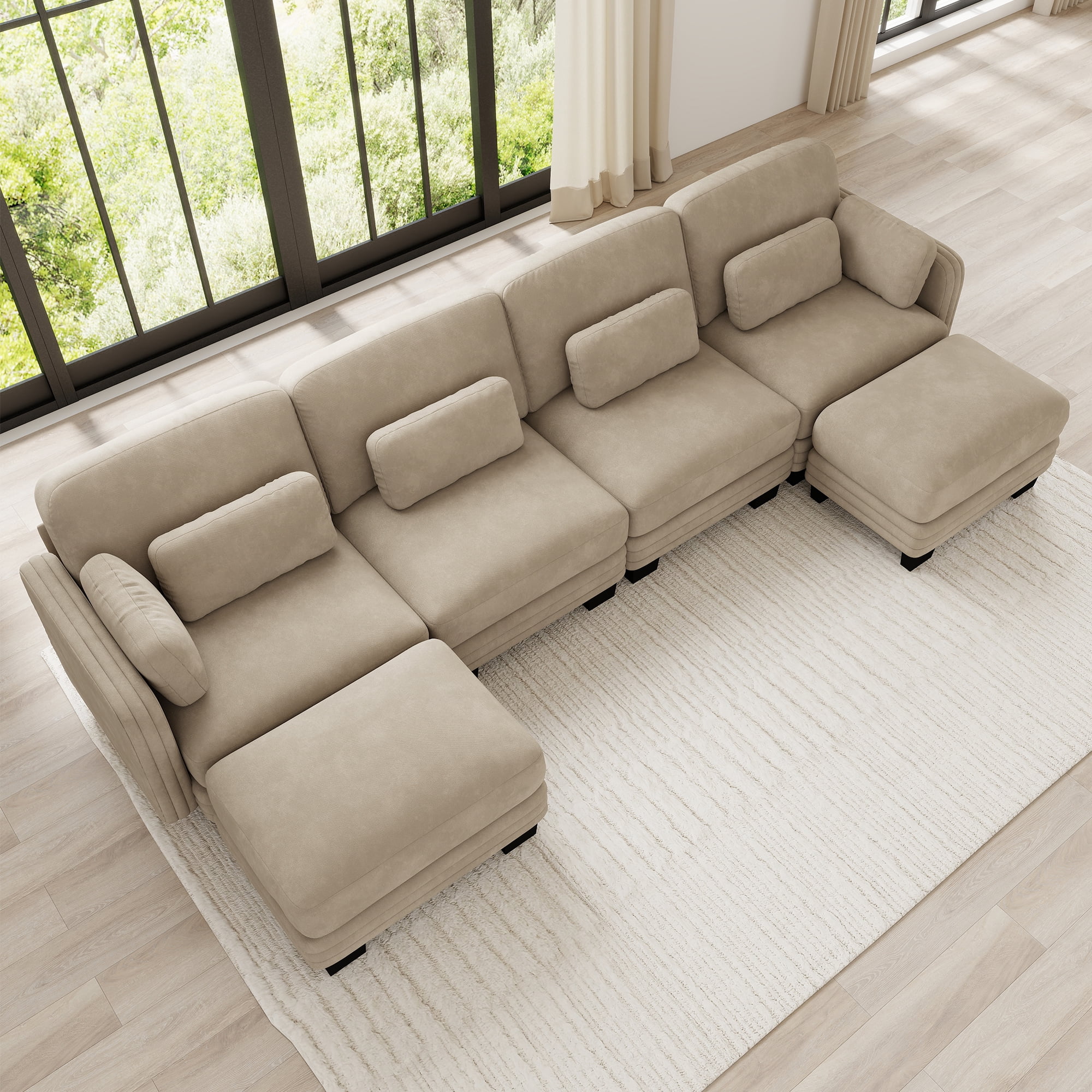 130" U-shaped Tufted Modern Modular Sectional 4 Seater Sofa Couch with 2 Ottomans and 6 Pillows