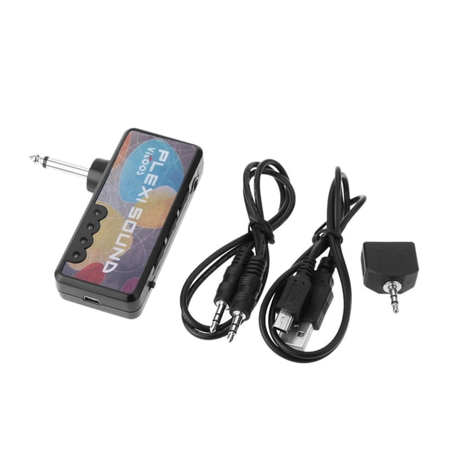Amplificador de auriculares para guitarra eléctrica Vitoos, batería recargable, diseño compacto y ligero, incluye cable USB y divisor.