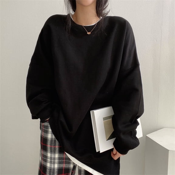 Sinpiling Womens Crewneck Sweatshirts Side Slit Pullover Long Sleeve Tops Ladies Casual Solid Soft Loose Fit Athletic Workout Sweatshirt
