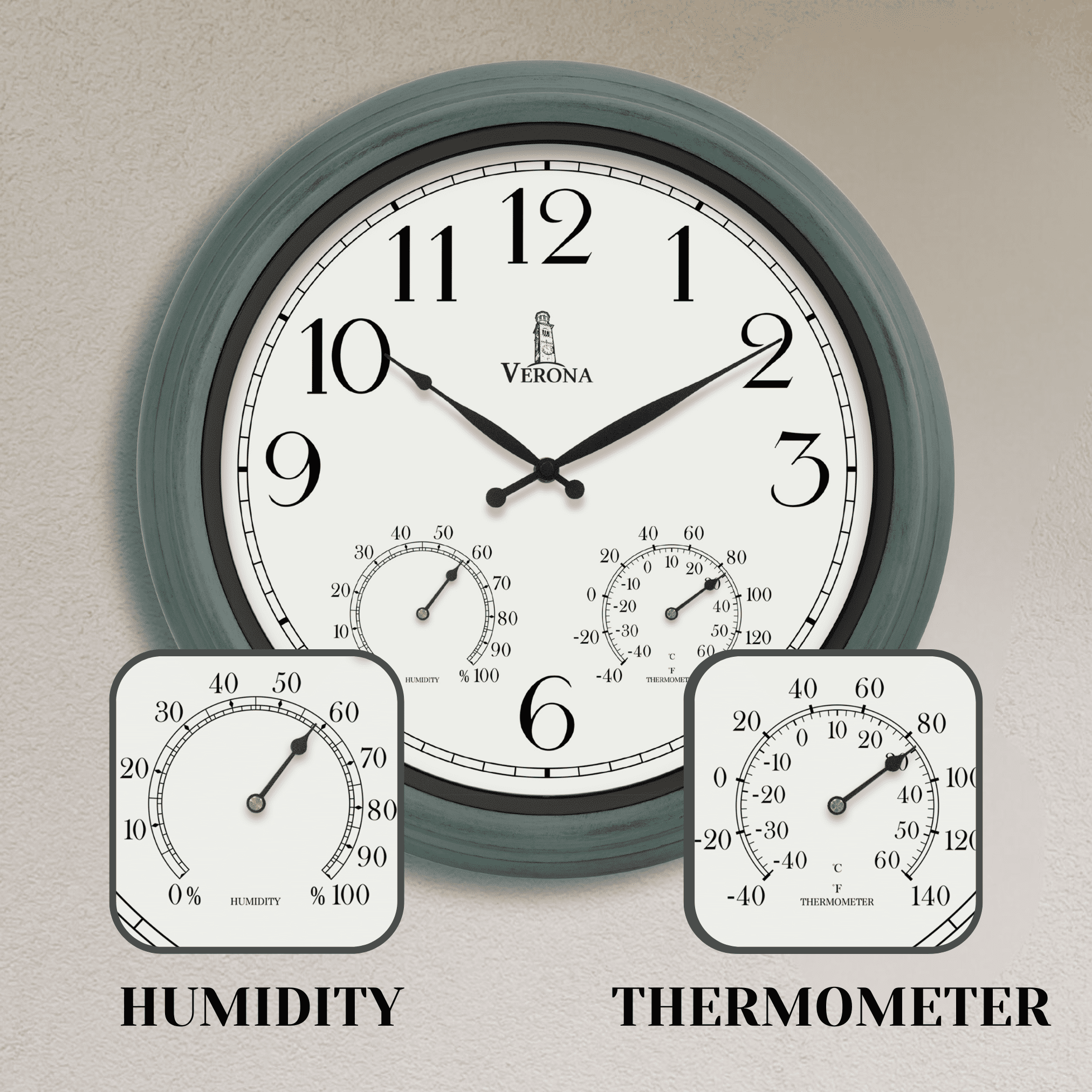 18 inch Outdoor Clocks for Patio Large Waterproof with Thermometer - Teal Blue Outdoor Clock with Temperature and Humidity for Wall - Weatherproof, Accurate & Easy to Read for Pool, Patio & Garden