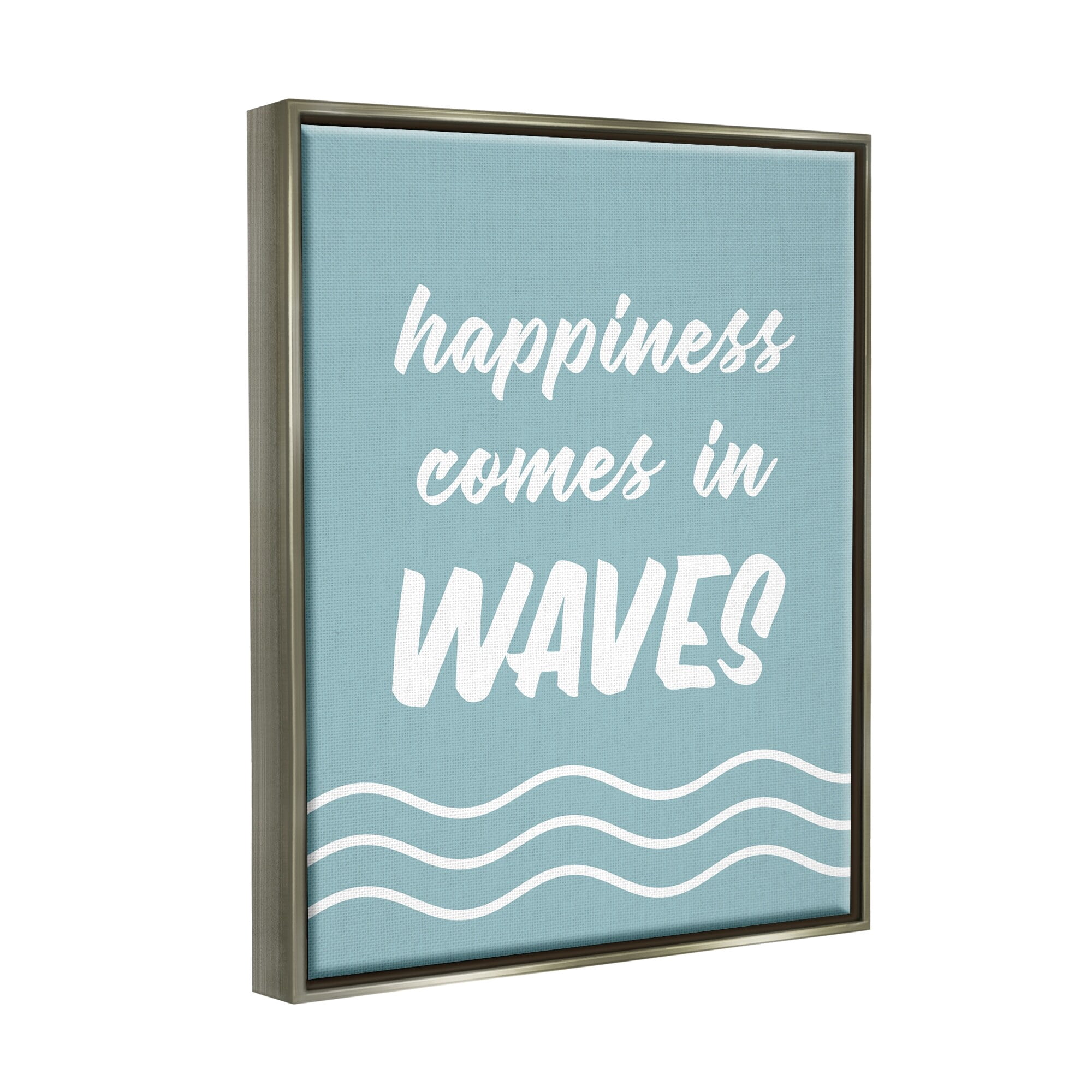 Stupell Industries Happiness Beach Water Waves Uplifting Cursive Phrase Graphic Art Luster Gray Floating Framed Canvas Print Wall Art, Design by Lettered and Lined