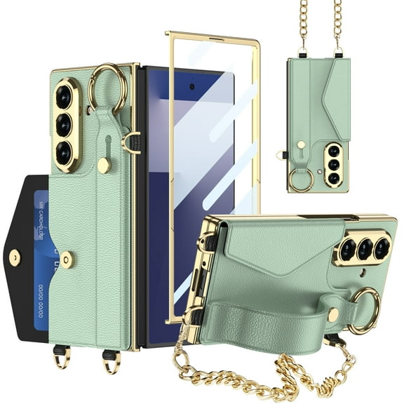Allytechgroup Galaxy Z Fold 7 Case with Screen Protector, Premium PU Leather Wristband Metal Strap Wallet Case Cover with Cards Slots Shockproof Phone Case Shell for Samsung Galaxy Z Fold 7,Green