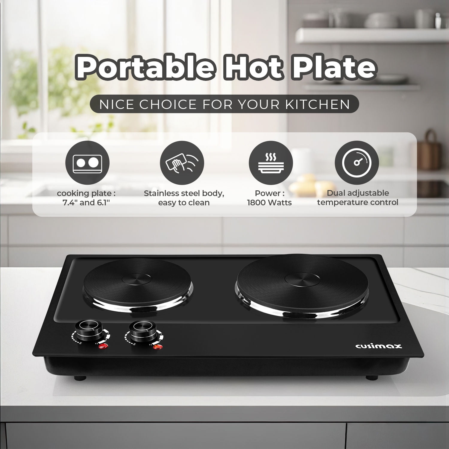 CUSIMAX 1800W Portable Double Burner Hot Plate – Stainless Steel Countertop Electric Cooktop with Dual Cast Iron Heating Plates, Easy-to-Clean Design, Upgraded Version