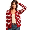 thumbnail image 3 of Fmbrln Womens Lightweight Knitted Cardigans Fashion Casual Long Sleeve V Neck Button Scalloped Edged Open Front Cardigans Soft Comfy Stripe Print Outwear Red 2XL, 3 of 8