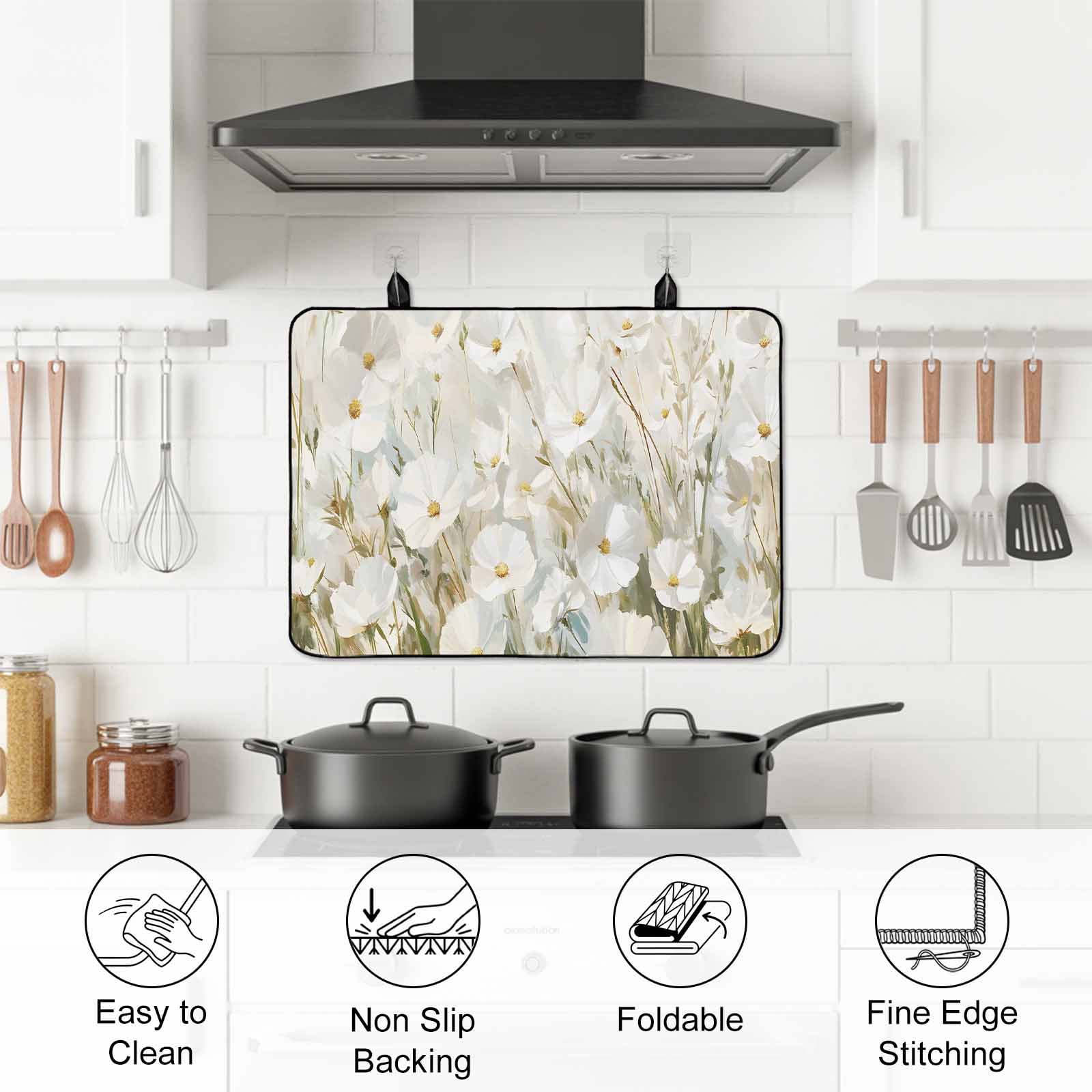 Floral Flower Stove Top Cover for Electric Stove, Heat-proof & Non Slip Glass Top Stove Cover Protector, Modern Oil Painting Watercolor White Kitchen Flat Cooktop Rubber Mat 24x21 Inches