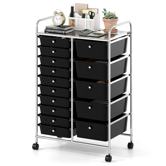 Costway 15-Drawer Trolley with Chrome Plated Metal Frame & Lockable Universal Wheels Black