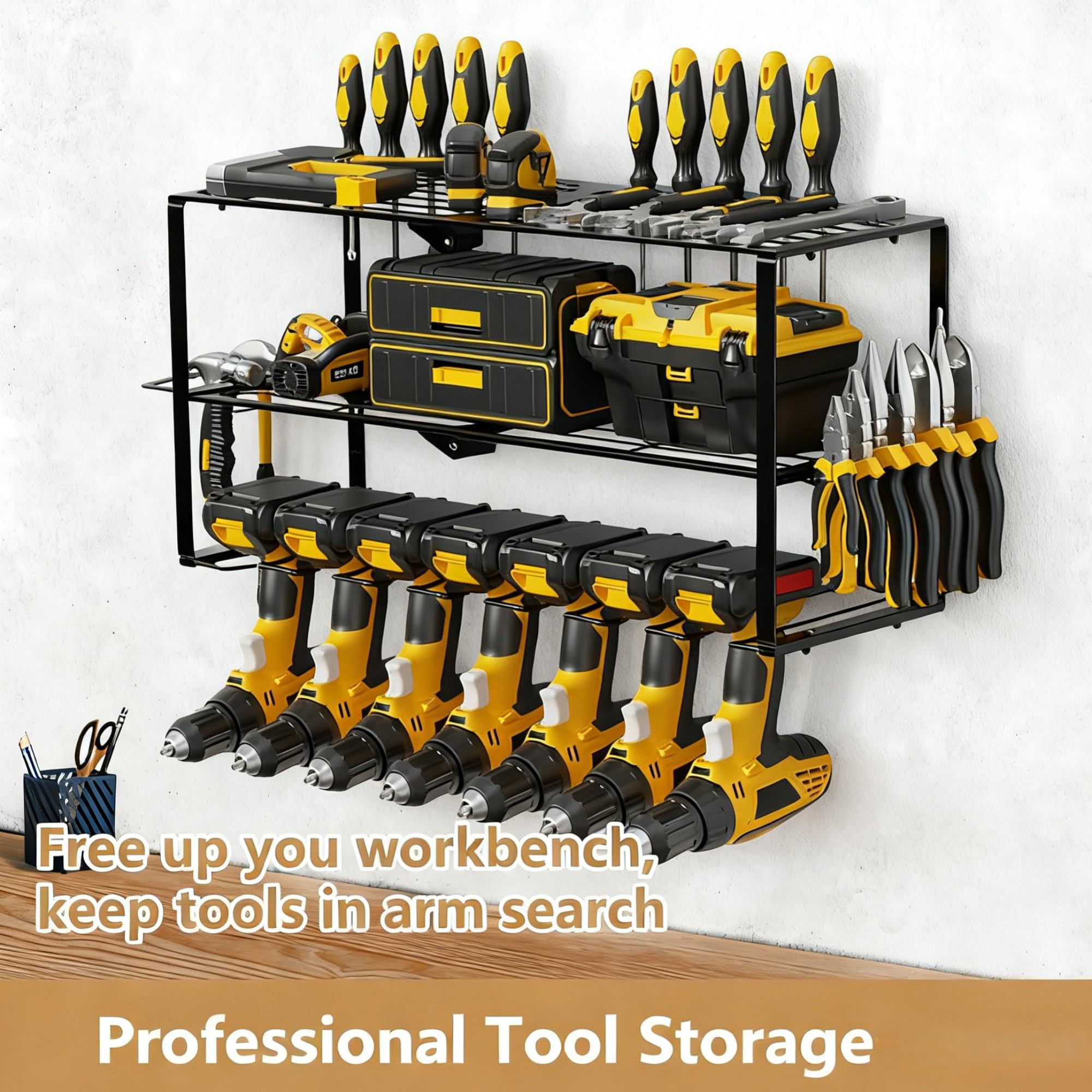 150LB Heavy Duty Wall Mount Drill Holder - 3 Tier Metal Organizer w/7 Hooks - Holds 5 Drills & Accessories - Space Saving Garage Storage