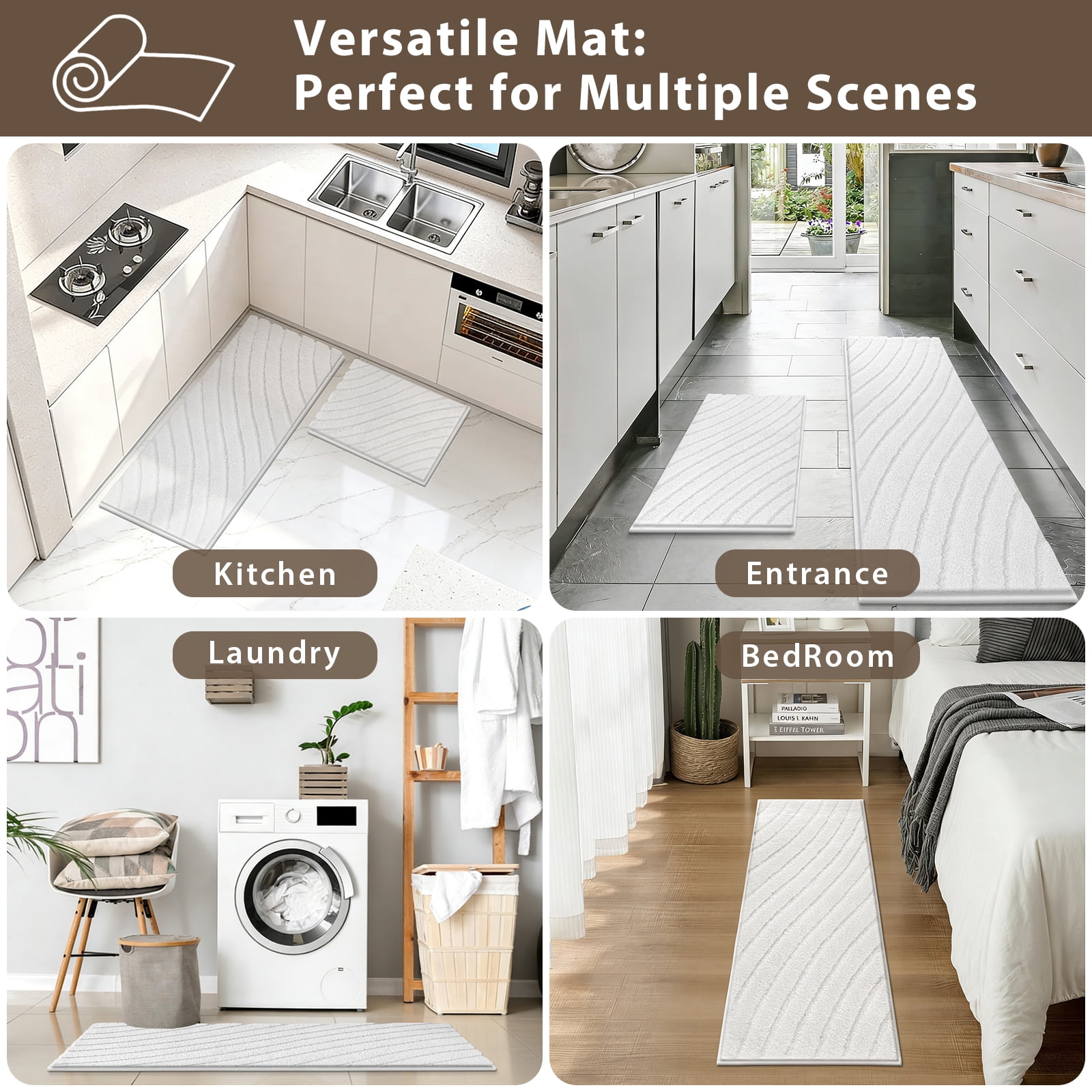 Findosom 3pcs Bathroom Rugs Set with U-Shaped Mat,Non Slip Machine Washable Wave Bath Mat,Ultra Soft Plush Shower Rugs for Bathroom,Tub,Shower20"x32"+20"x59"+U 20"x24"White