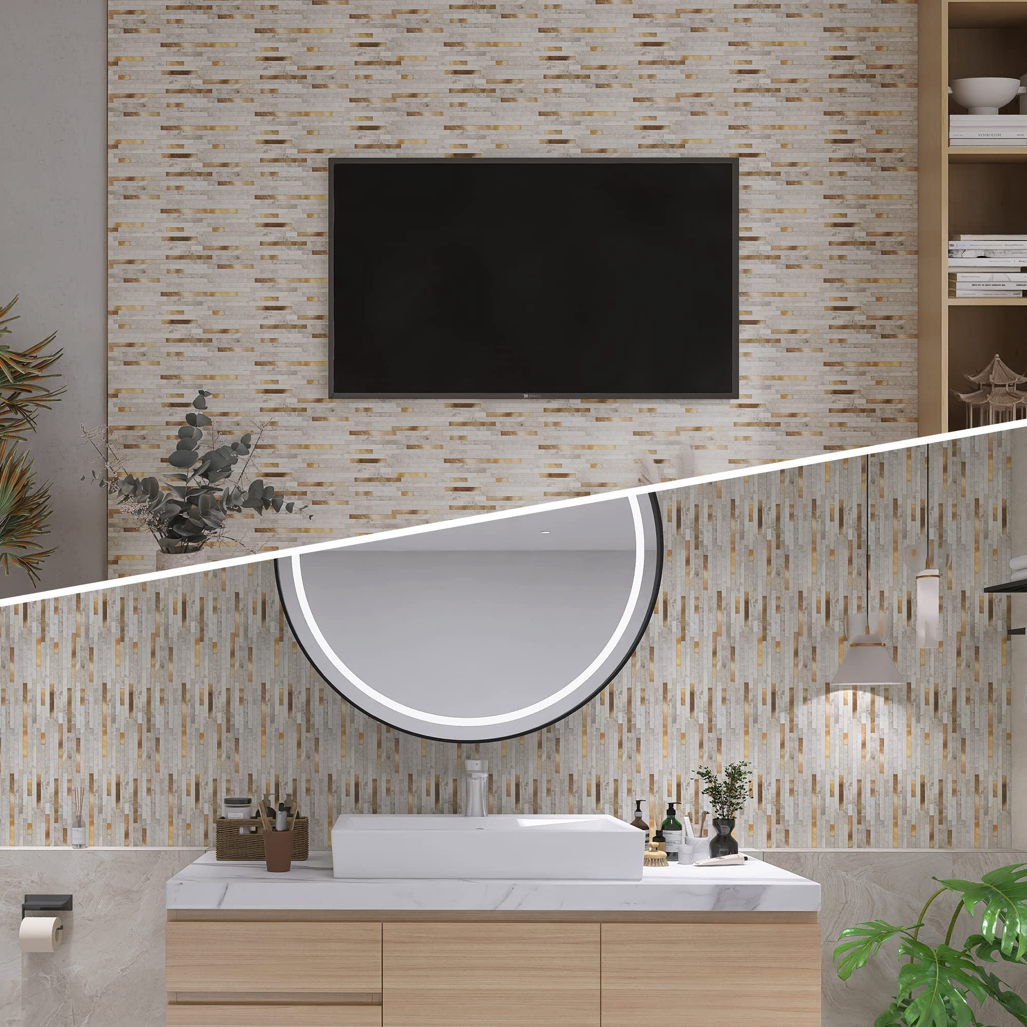 Peel And Stick Marble Tiles  Self-adhesive Aluminum Wall Tile On Bathroom Fireplace Rv Beige With Vintage Golden Embellished Stripes 10-sheet