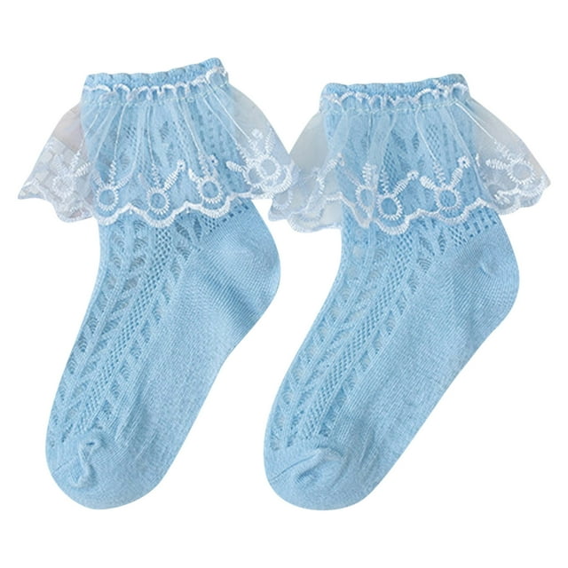 B91xZ Toddlers Girls Ruffle Socks Basic Cuff Socks,Blue 4-6 Years