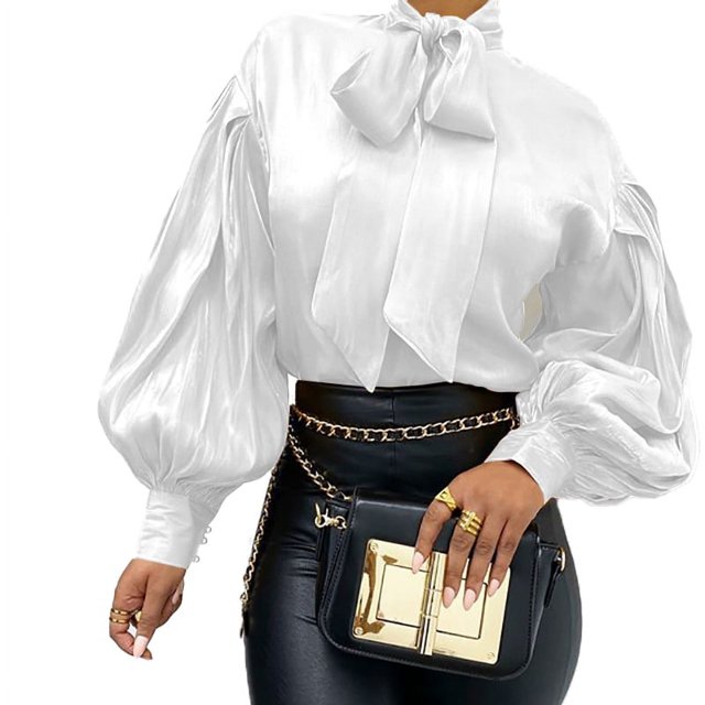 Top de manga larga para mujer, con lazo frontal atado, manga larga abombada, Color elegante, suave y suelto, Top tipo túnica para fiesta, oficina, salida, blanco L