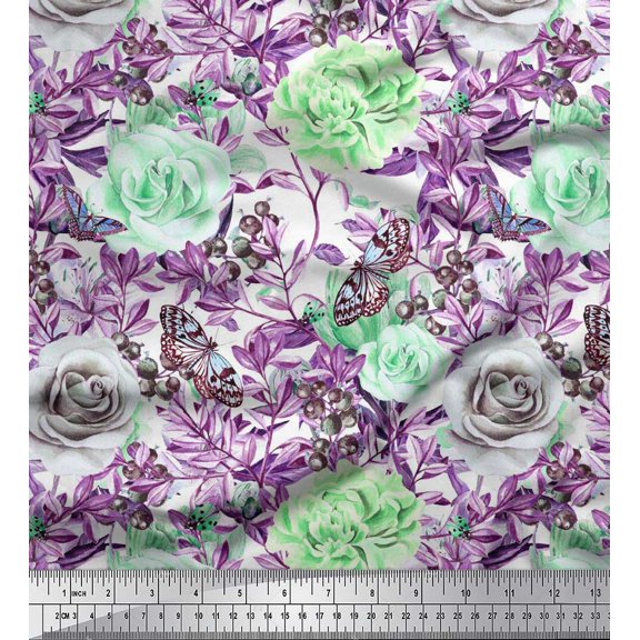Soimoi Green Cotton Duck Fabric Insect,Leaves & Rose Flower Printed Fabric 1 Yard 42 Inch Wide