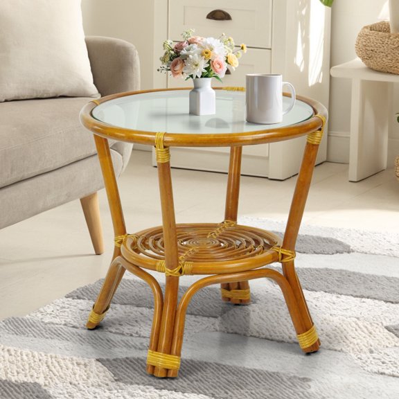 SK New Interiors Leo Round Coffee Table w/ Glass Top Natural Rattan Wicker Handmade, Colonial