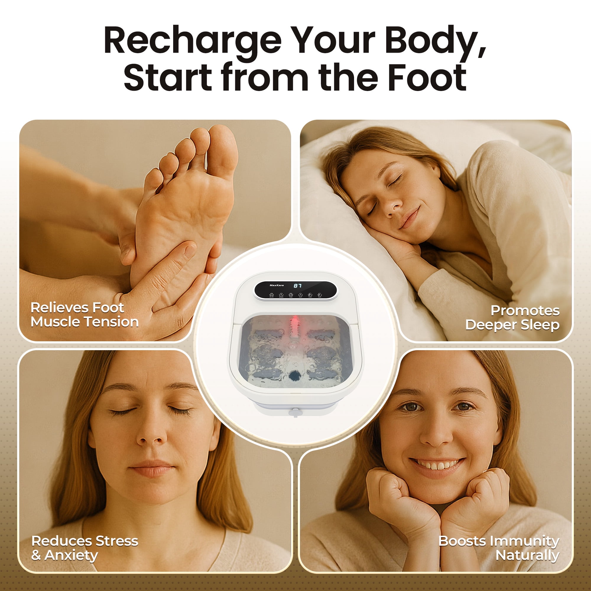 MaxKare Collapsible Foot Spa with Massager and Heat Bubbles Vibration 3 in 1, Foot Spa Bath, White