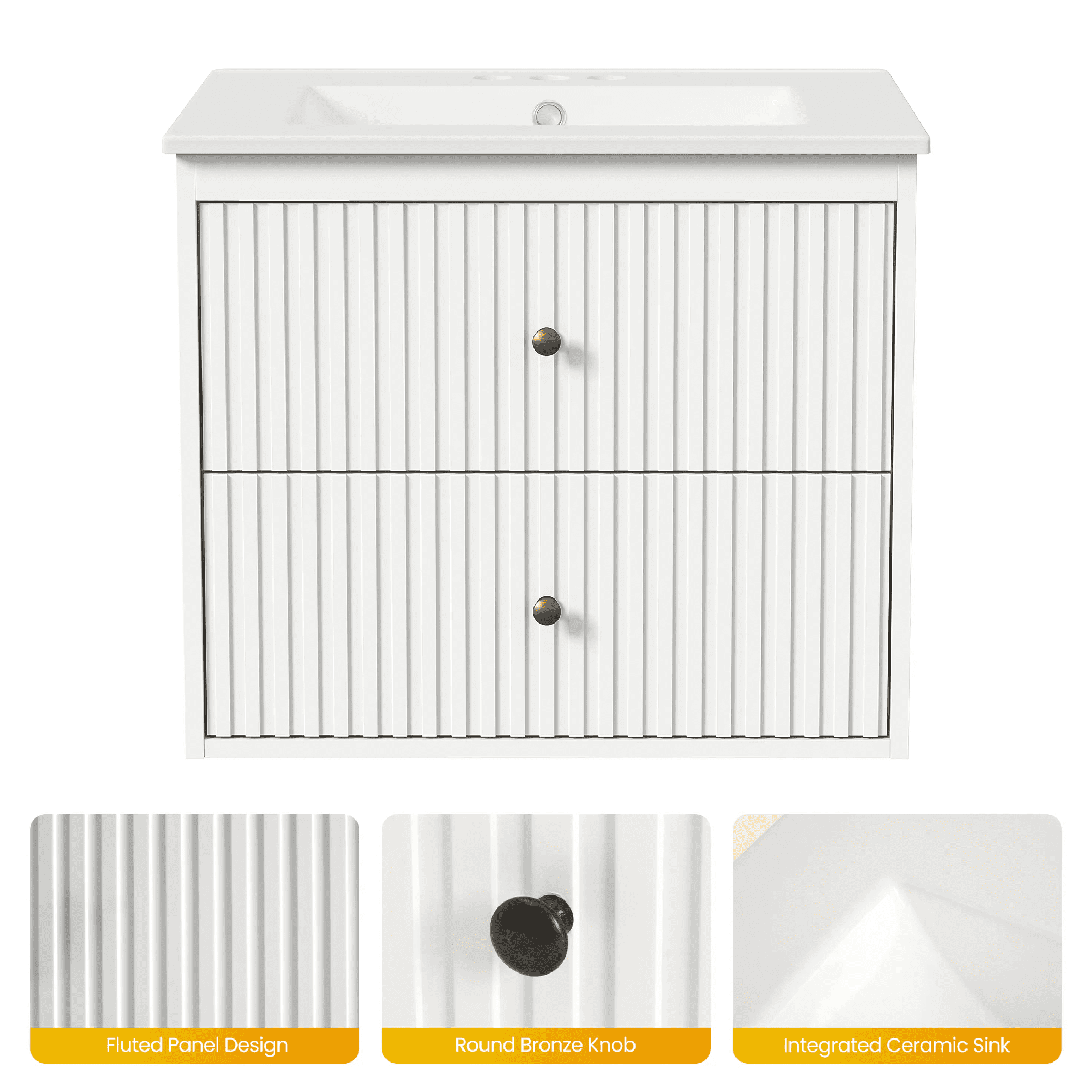 24 in Bathroom Vanity with Sink Set, Floating Storage Cabinet with Doors and Drawers, Modern Wall Mount, White
