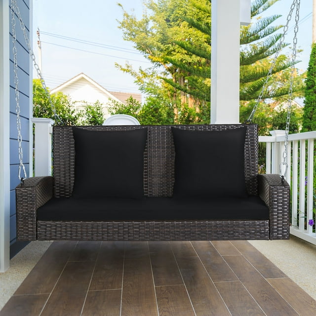 Costway 2-Person Patio Rattan Hanging Porch Swing Bench Chair Cushion Black