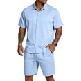 thumbnail image 3 of Mens 2 Piece Sets Short Sleeve Button Down Shirt Mesh Short with Pockets Casual Summer Beach Vacation Outfit Sky Blue S, 3 of 7