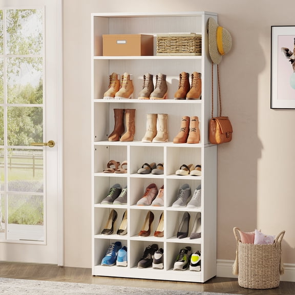 Shoe Cabinet, 24 Pair Freestanding Shoe Rack Storage Organizer with Side Hooks, Modern Shoe Storage Cabinet with Shelves for Hallway Bedroom Closet Entryway, White