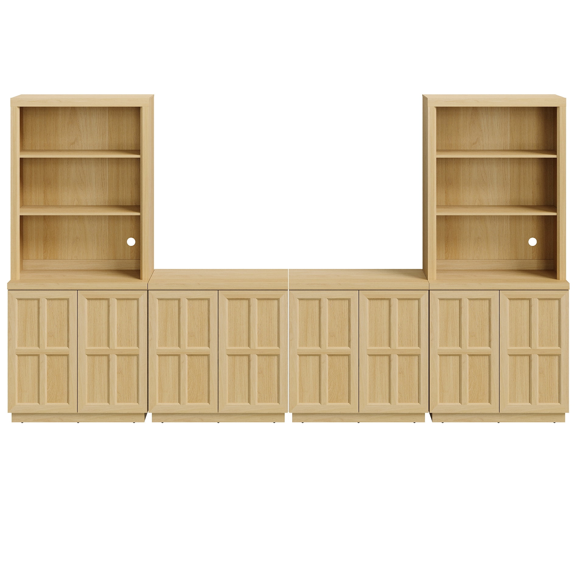 HOMOOI Pantry Cabinet,Boho Combined Kitchen Storage Hutch with 2 Upper Bookshelves Tops & 4-in-1 Cabinet with adjustable Shelves, Anti-Wobble Storage Organizer for Kitchen,Dining Room,Entryway,Oak