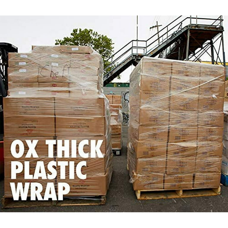 Ox Plastics Plastic Film Pallet Wrap with Handle, 5 x 1000 Feet, 80 Gauge, Clear Shrink Stretch Wrap Roll, Furniture, Boxes, Pallets, Industrial Strength, Made in