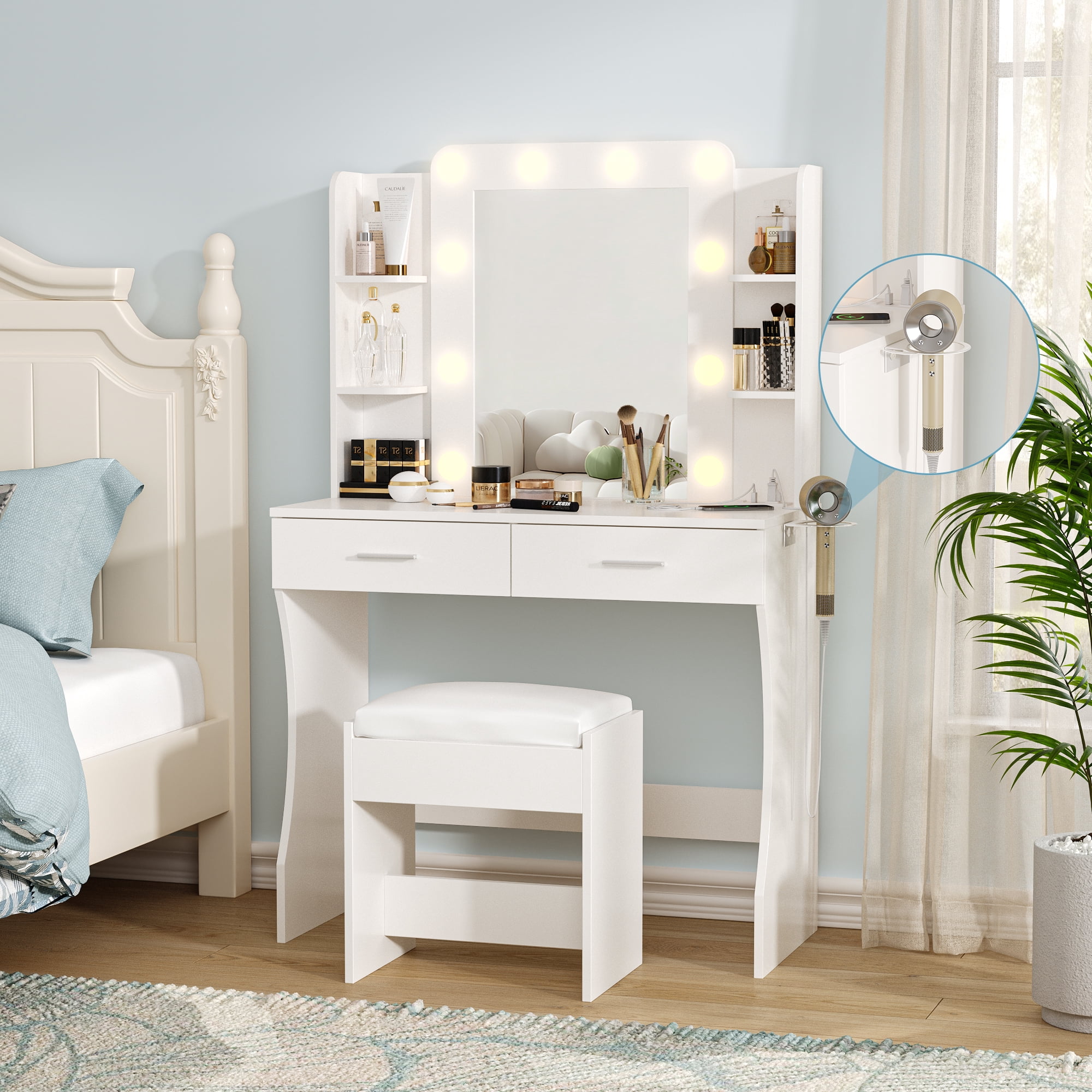 Vabches Vanity Set with Mirror and Lights & Power Outlet Makeup Vanity with 2 Drawers& 6 Shelves, White