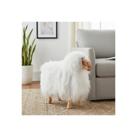 Decorative Faux Fur Sheep Sculpture Ornament for Home Design - Stylish Living Room, Bathroom, Office, and Room Decor Display - Unique Entryway, Shelf or Coffee Table Accent Statue - 20", White & Tan