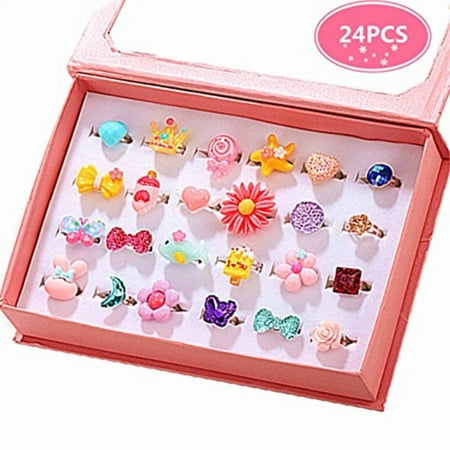 PinkSheep Children Kids Little Girl Jewelry Rings In Box, 24PCS, Adjustable, No duplication, Girl Pretend Play and Dress Up Rings
