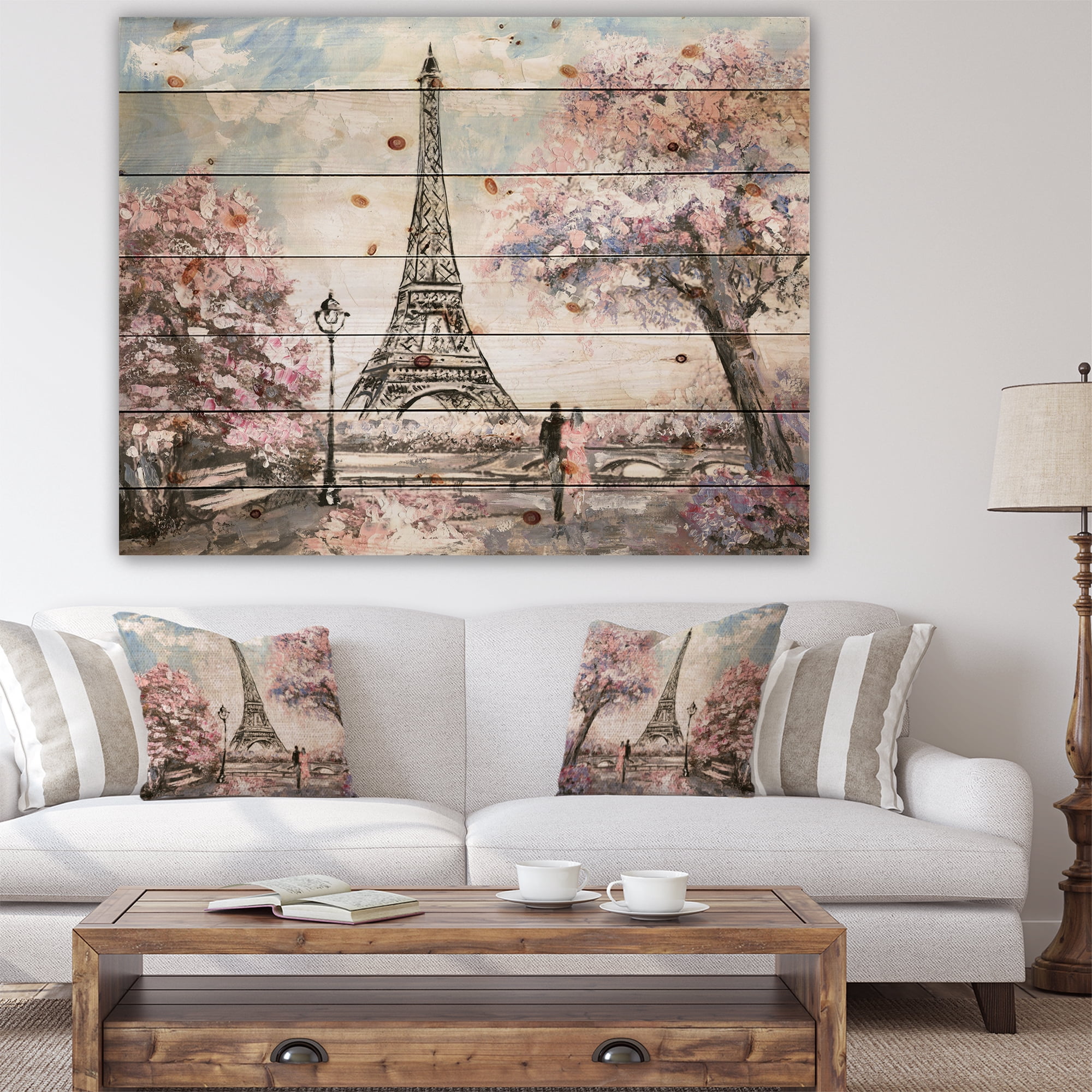 Designart 'Pink Flowers With Eiffel Tower' Landscape Print on Natural Pine Wood