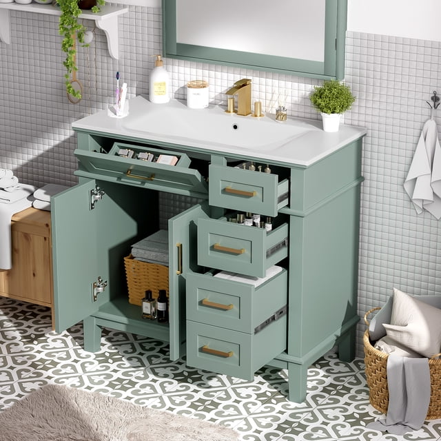 DAJU 36" Light Green Modern Bathroom Vanity with Ceramic Sink,Soft-Close Door,and 4 Storage Drawers,offering a refined look with practical everyday functionality