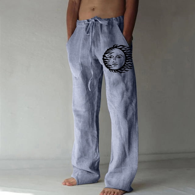 Pantalones largos de verano para hombre, de algodón y lino, con pierna ancha, estampados, con cordones, para deportes y vacaciones