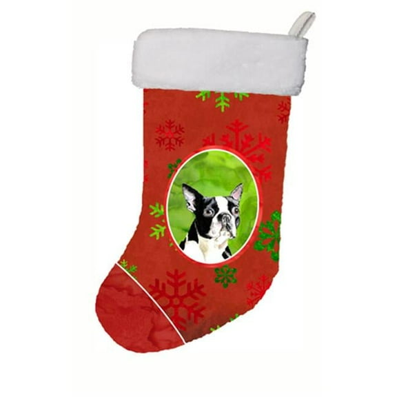 11 x 18 in. Boston Terrier Red And Green Snowflakes Holiday Christmas Stocking