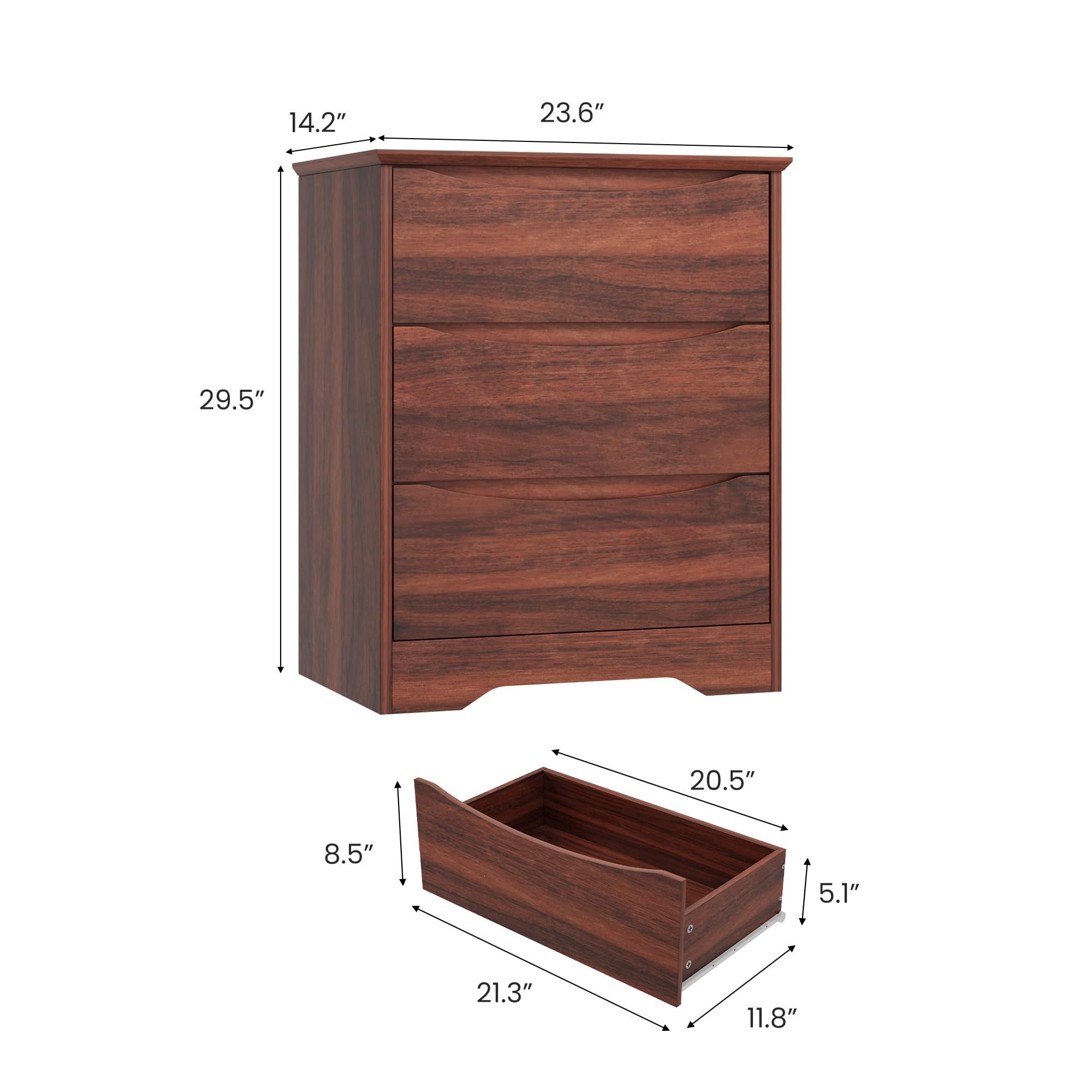 Kicctian Modern Dresser with 3 Deep Drawers, 30" Tall Wooden Storage Cabinet for Bedroom, Living Room, Entryway, Red Walnut