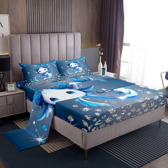 Erosebridal Kawaii Axolotl Bed Sheets Set Twin Size, Blue Rose Bed Sheets Twin, Sequin Print Reversible Sheet Set Twin, Microfiber Bedroom Decorative, 3-Piece