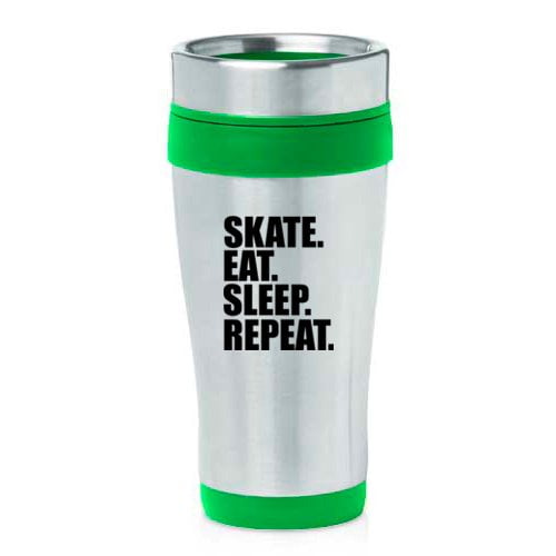 16 oz Insulated Stainless Steel Travel Mug Skate Eat Sleep Repeat Ice Roller Skateboard (Green) by