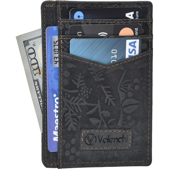 Valenchi - MINIMALIST RFID Wallet with FRONT POCKET for Men and Women with Multiple Card Slots, Bill Pocket and ID Window (Cognac Vintage Flower)
