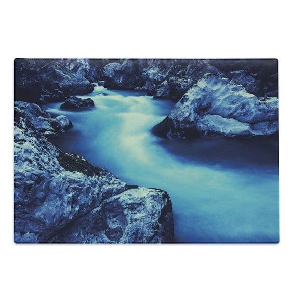 Waterfall Cutting Board, Frozen Dangerous Lake with Atmosphere of a Cave and Snow on the Rocks Nature, Decorative Tempered Glass Cutting and Serving Board, Large Size, Blue and Black, by Ambesonne