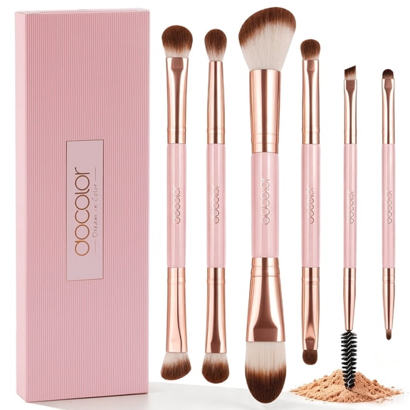 docolor 12-in-6 Dual-Ended Makeup Brush Set - 6 Travel-Size Eye & Face Brushes with Case-Pink